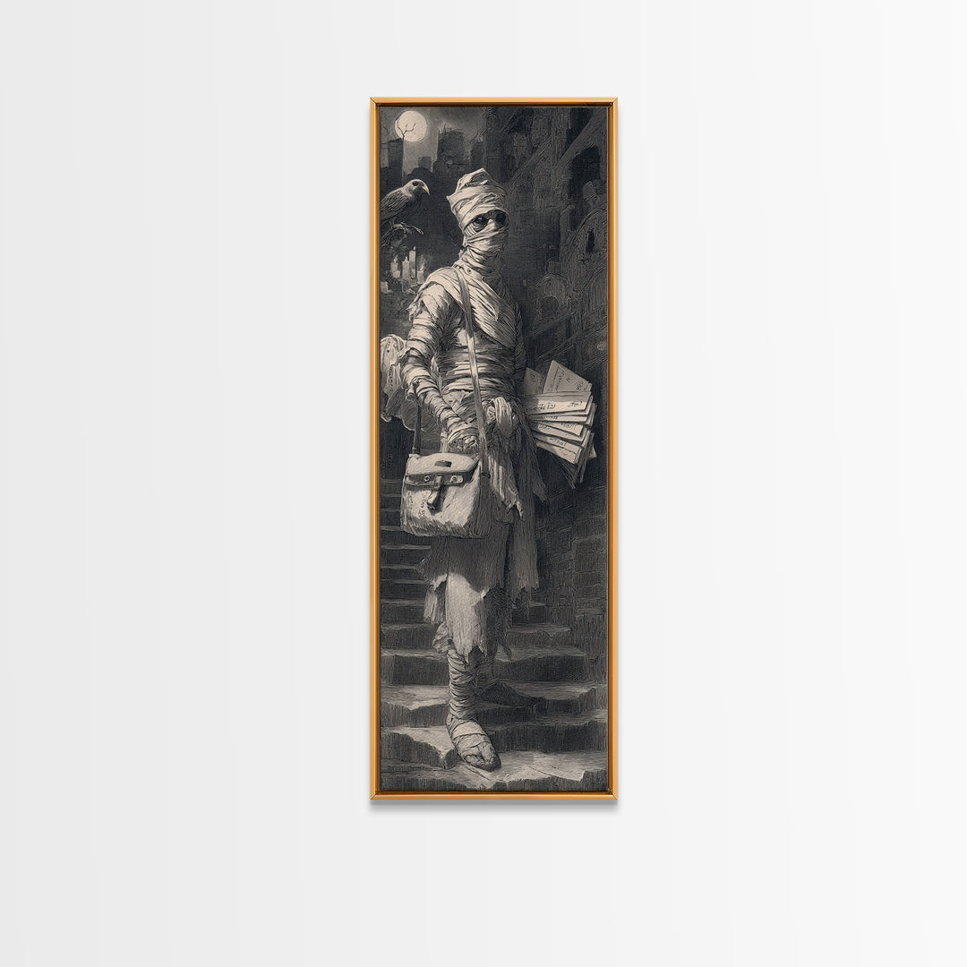The Mummy Mail Carrier, Architectural Etching Art, Tall Narrow Wall Art, Gothic Horror Wall Art, Framed Canvas Print