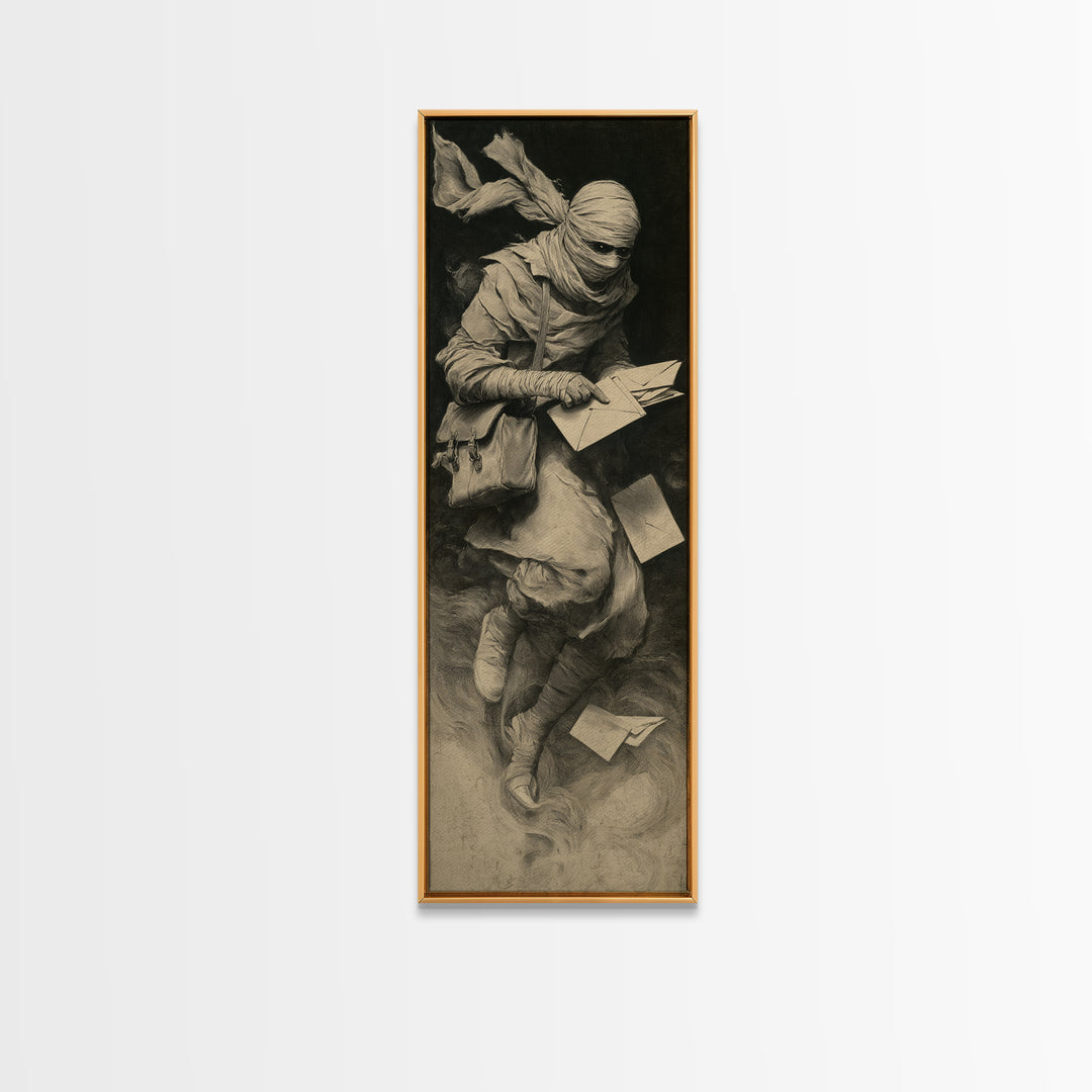 The Mummy Mail Carrier, Symbolist Dream Art, Tall Narrow Wall Art, Gothic Horror Wall Art, Canvas Print, Halloween Wall Art