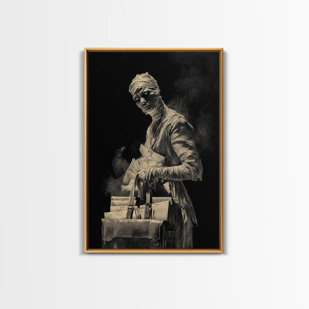 The Mummy Mail Carrier, Decadent Gothic Art, Vertical Wall Art, Macabre Wall Art, Framed Canvas Print, Halloween Wall Art