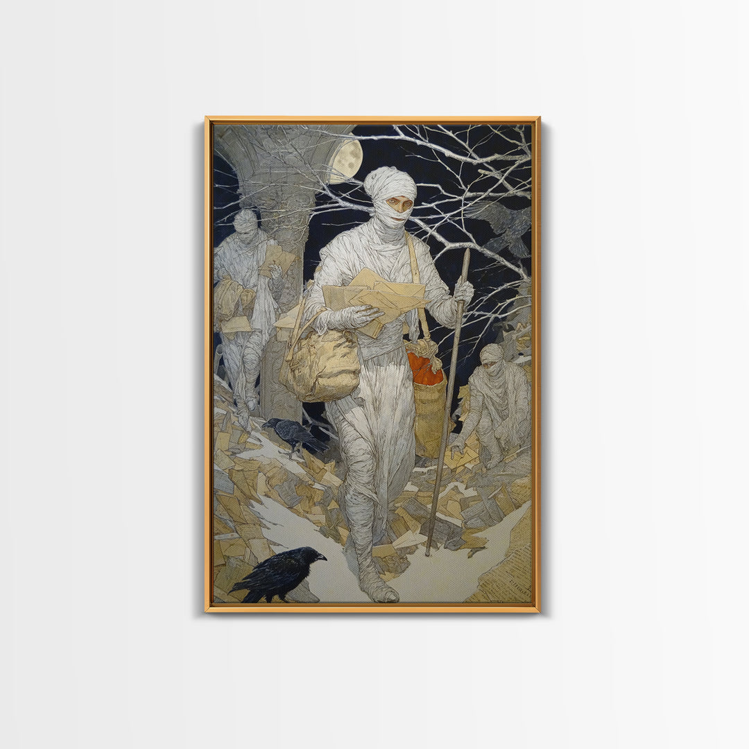 The Mummy Mail Carrier, Symbolist Death Art, Vertical Wall Art, Macabre Wall Art, Canvas Print, Halloween Wall Art