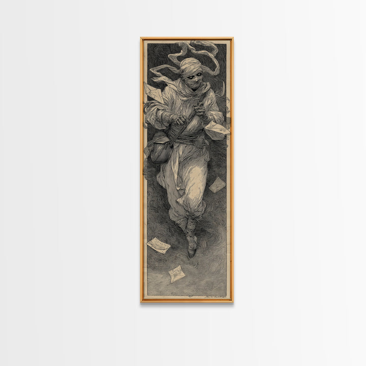 The Mummy Mail Carrier, Symbolist Etching Art, Tall Narrow Wall Art, Gothic Horror Wall Art, Framed Canvas Print, Halloween Wall Art
