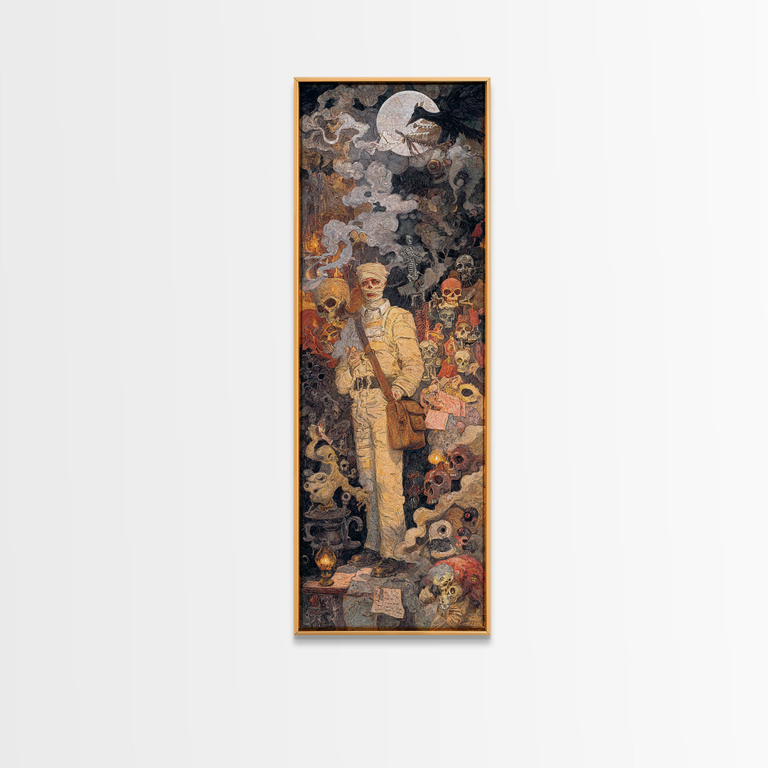 The Mummy Mail Carrier, Grotesque Carnival Art, Tall Narrow Wall Art, Gothic Horror Wall Art, Framed Canvas Print, Halloween Wall Art