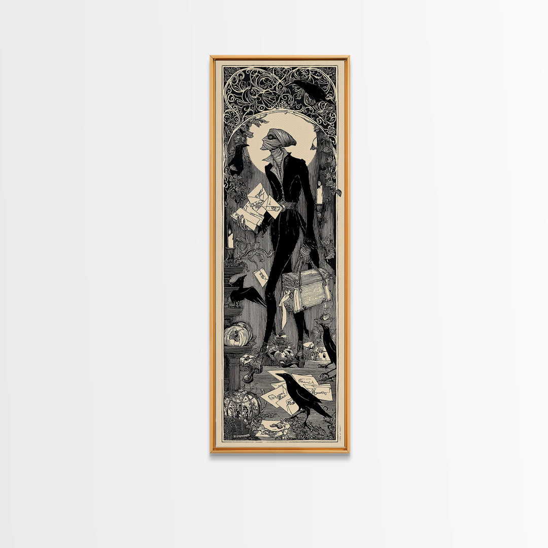 The Mummy Mail Carrier, Decadent Line Art, Tall Narrow Wall Art, Gothic Horror Wall Art, Framed Canvas Print, Halloween Wall Art