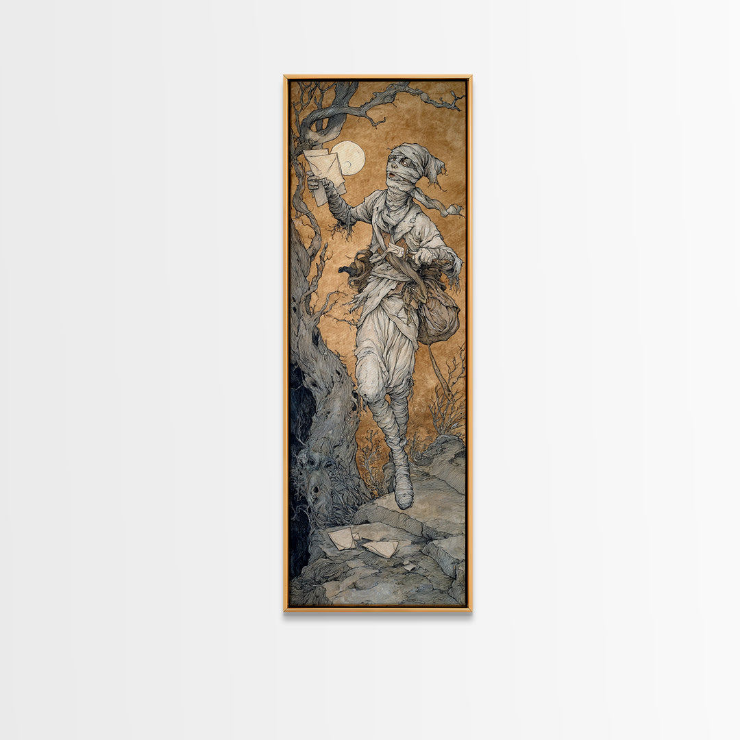 The Mummy Mail Carrier, Gothic Storybook Art, Tall Narrow Wall Art, Dark Fantasy Wall Art, Canvas Print, Halloween Wall Art