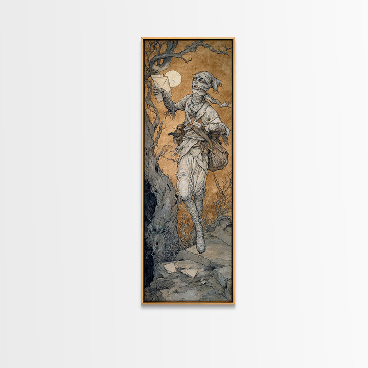 The Mummy Mail Carrier, Gothic Storybook Art, Tall Narrow Wall Art, Dark Fantasy Wall Art, Canvas Print, Halloween Wall Art