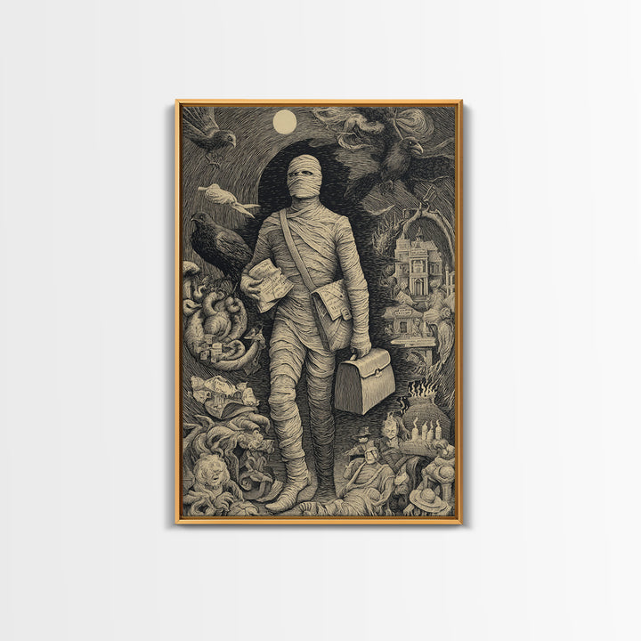 The Mummy Mail Carrier, Victorian Macabre Art, Vertical Wall Art, Gothic Horror Wall Art, Framed Canvas Print, Halloween Wall Art