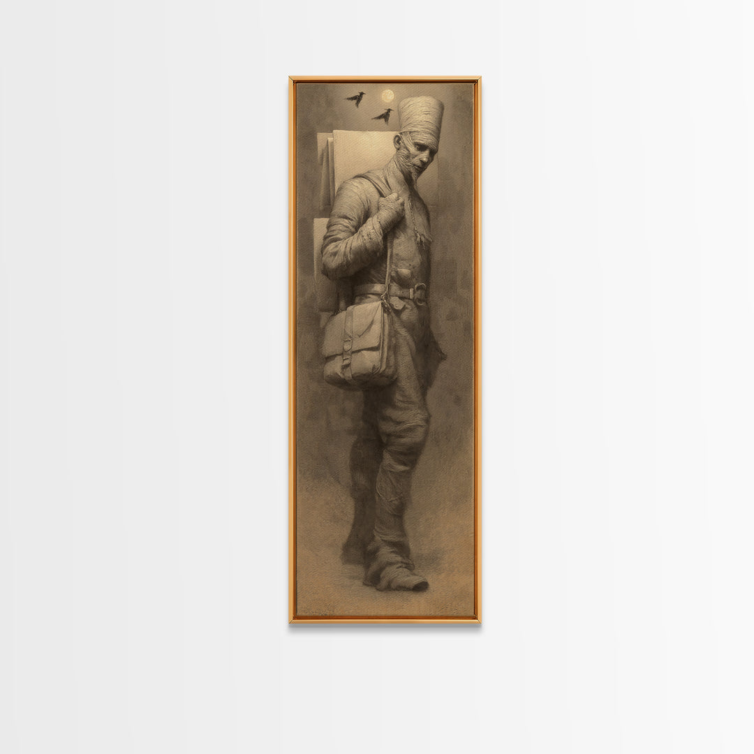 The Mummy Mail Carrier, Surreal Apocalyptic Art, Tall Narrow Wall Art, Gothic Horror Wall Art, Canvas Print, Halloween Wall Art