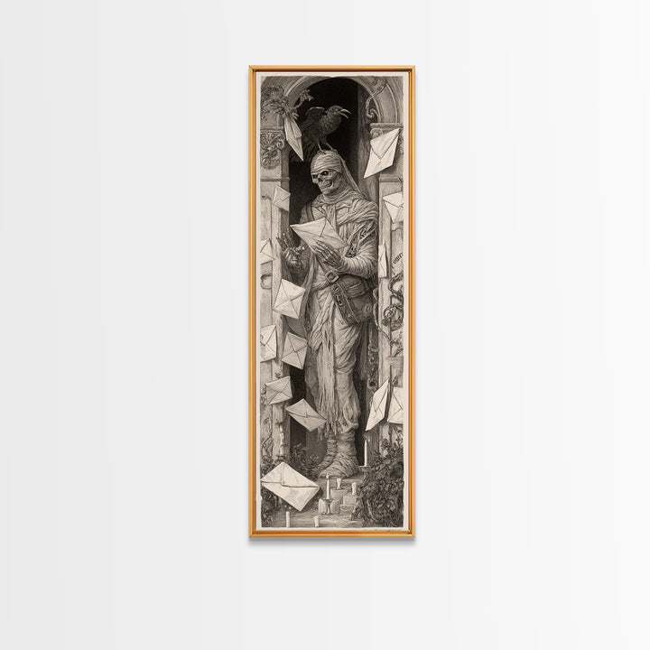 The Mummy Mail Carrier, Biomechanical Horror Art, Tall Narrow Wall Art, Dark Fantasy Wall Art, Framed Canvas Print, Halloween Wall Art