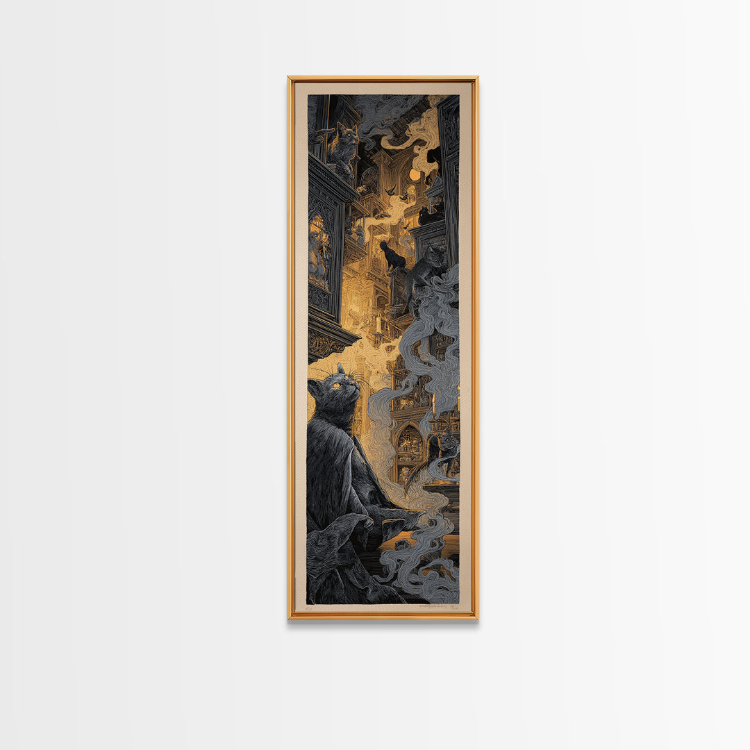 The Witch'S Cat Cafe, Gothic Engraving Art, Tall Narrow Wall Art, Macabre Wall Art, Canvas Print, Halloween Wall Art, Spooky Wall Decor