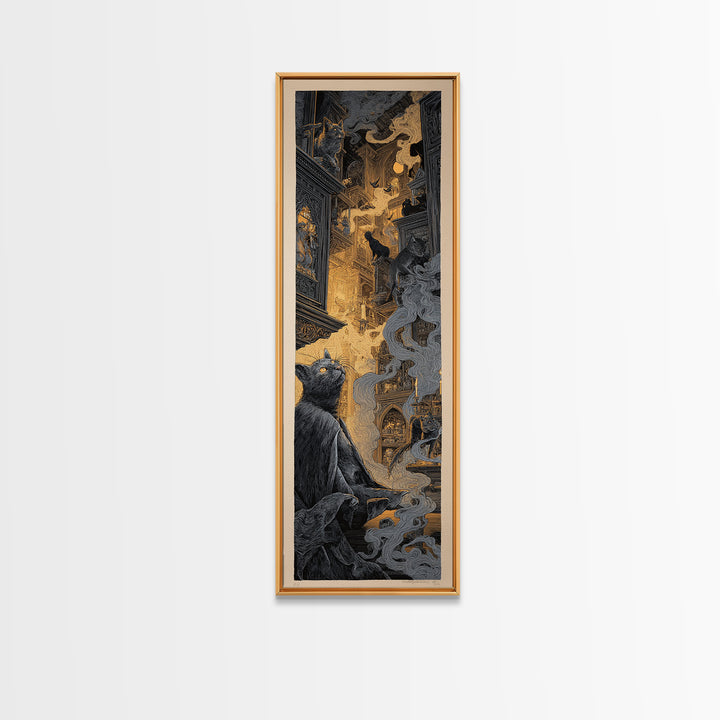 The Witch'S Cat Cafe, Gothic Engraving Art, Tall Narrow Wall Art, Macabre Wall Art, Canvas Print, Halloween Wall Art, Spooky Wall Decor