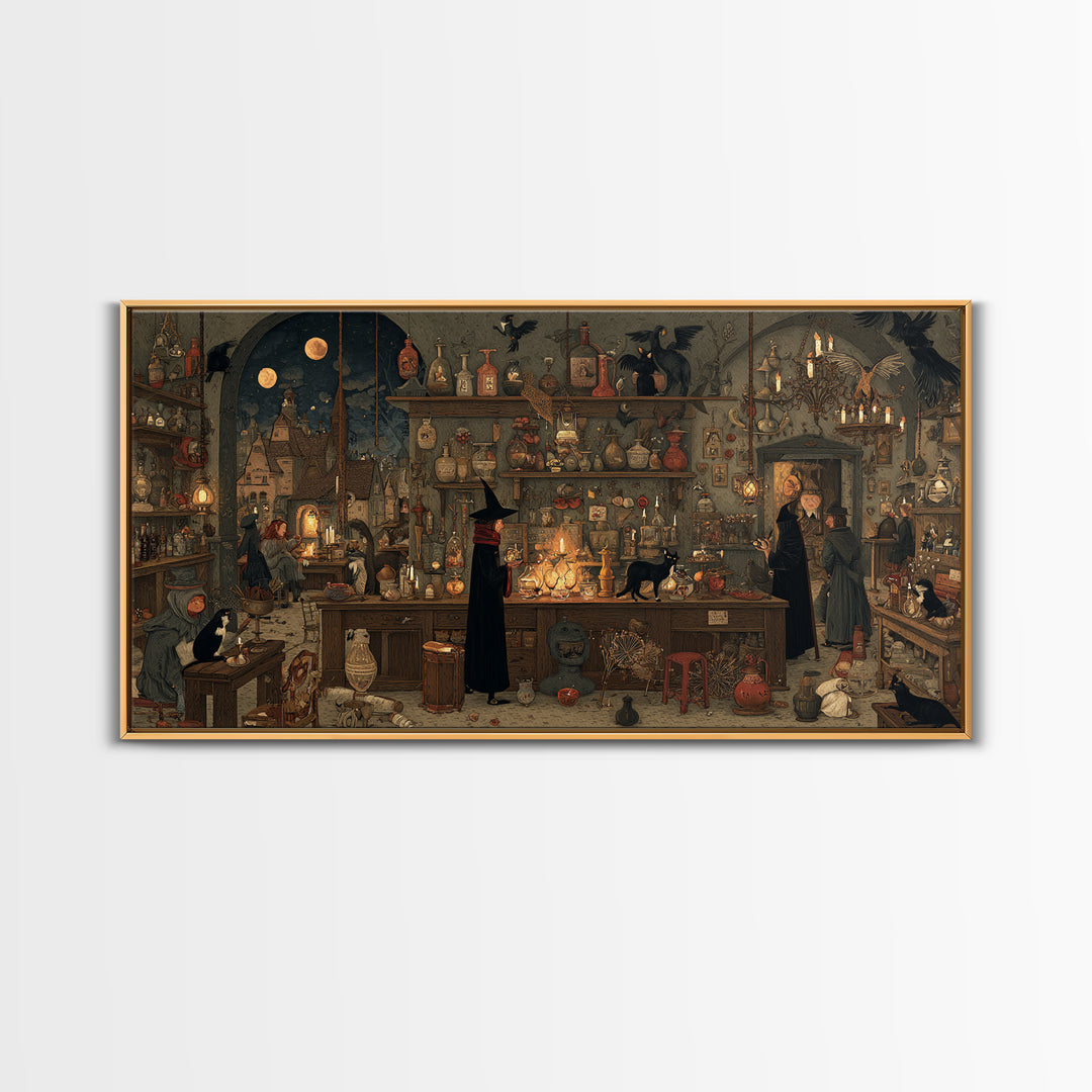 The Witch'S Cat Cafe, Northern Renaissance Horror, Wide Panoramic Art, Gothic Horror Wall Art, Framed Canvas Print