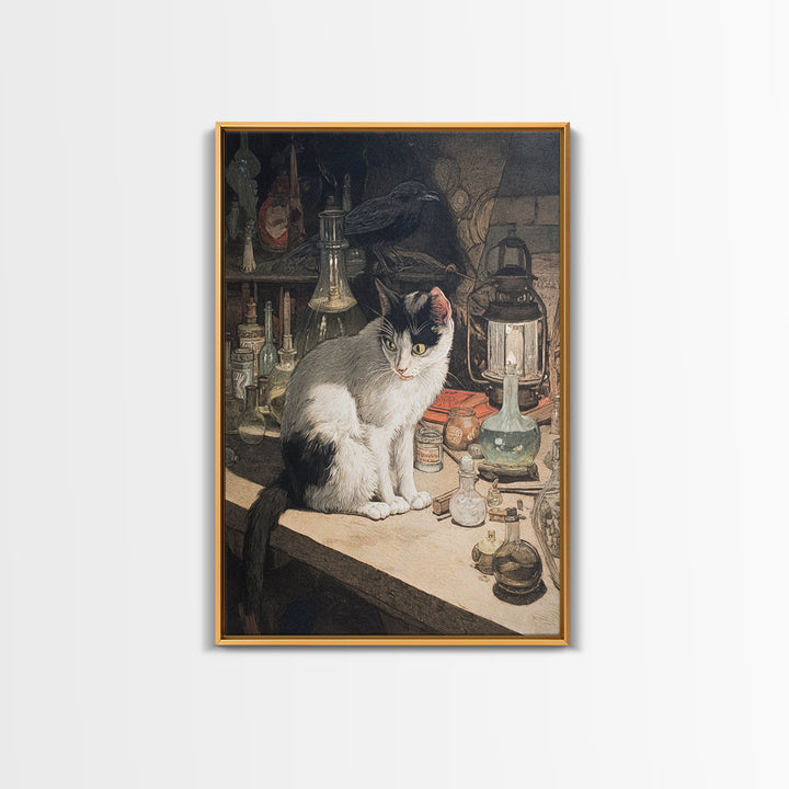 The Witch'S Cat Cafe, Dark Renaissance Art, Vertical Wall Art, Macabre Wall Art, Framed Canvas Print, Halloween Wall Art