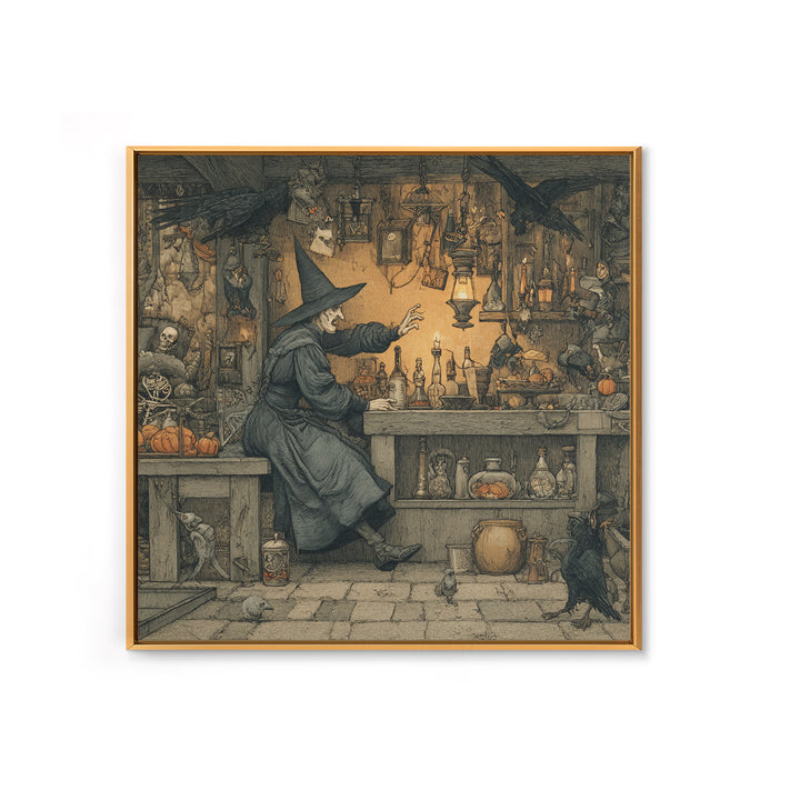 The Witch'S Cat Cafe, Danse Macabre Art, Square Wall Art, Dark Fantasy Wall Art, Framed Canvas Print, Halloween Wall Art