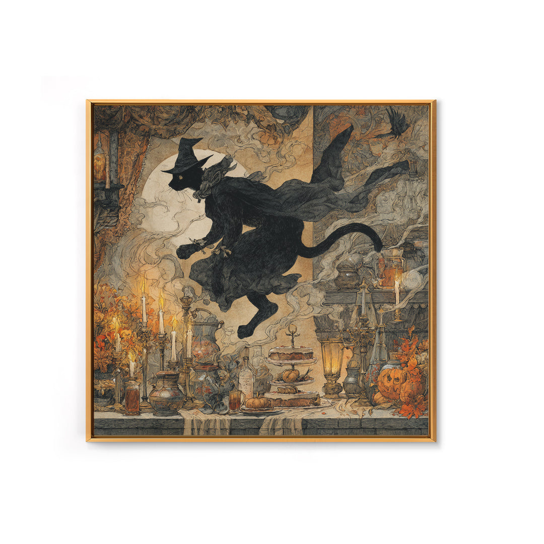 The Witch'S Cat Cafe, Baroque Witchcraft Art, Square Wall Art, Dark Halloween Decor, Framed Canvas Print, Halloween Wall Art