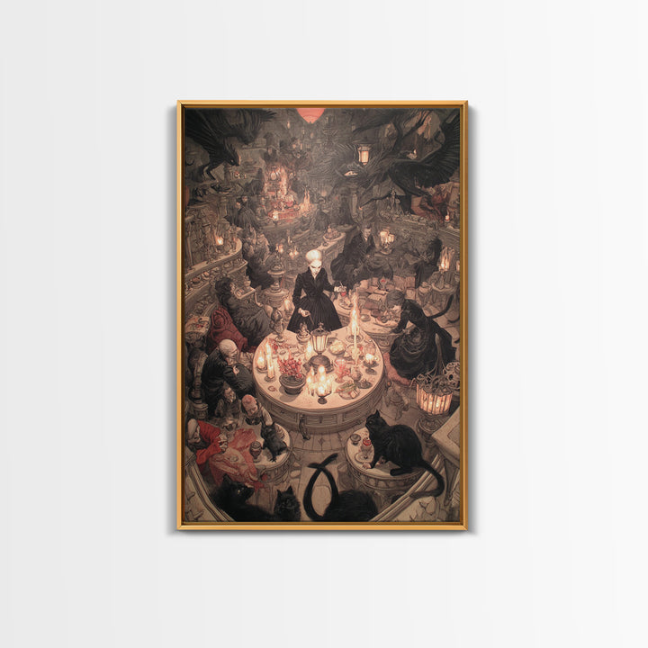 The Witch'S Cat Cafe, Gothic Nightmare Art, Vertical Wall Art, Gothic Horror Wall Art, Framed Canvas Print, Halloween Wall Art