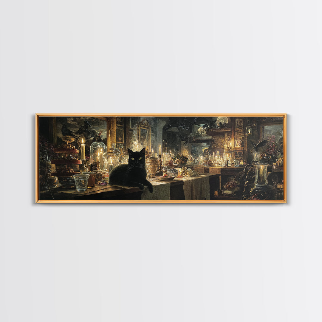 The Witch'S Cat Cafe, Visionary Gothic Art, Extra Wide Wall Art, Dark Fantasy Wall Art, Canvas Print, Halloween Wall Art