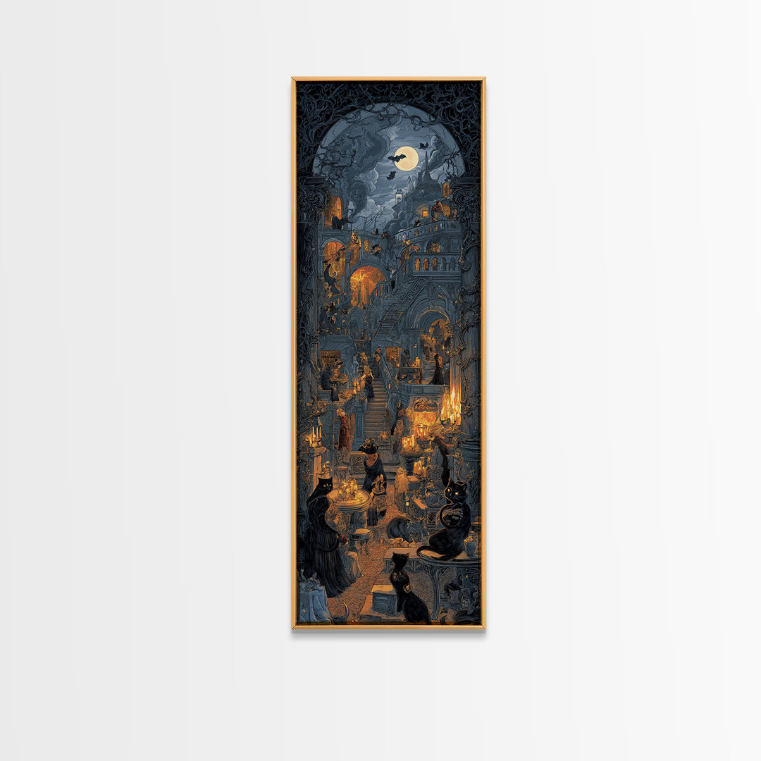 The Witch'S Cat Cafe, Architectural Etching Art, Tall Narrow Wall Art, Dark Halloween Decor, Canvas Print, Halloween Wall Art