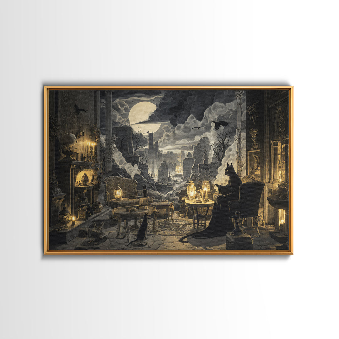 The Witch'S Cat Cafe, Romantic Gothic Landscape, Landscape Wall Art, Dark Halloween Decor, Framed Canvas Print, Halloween Wall Art