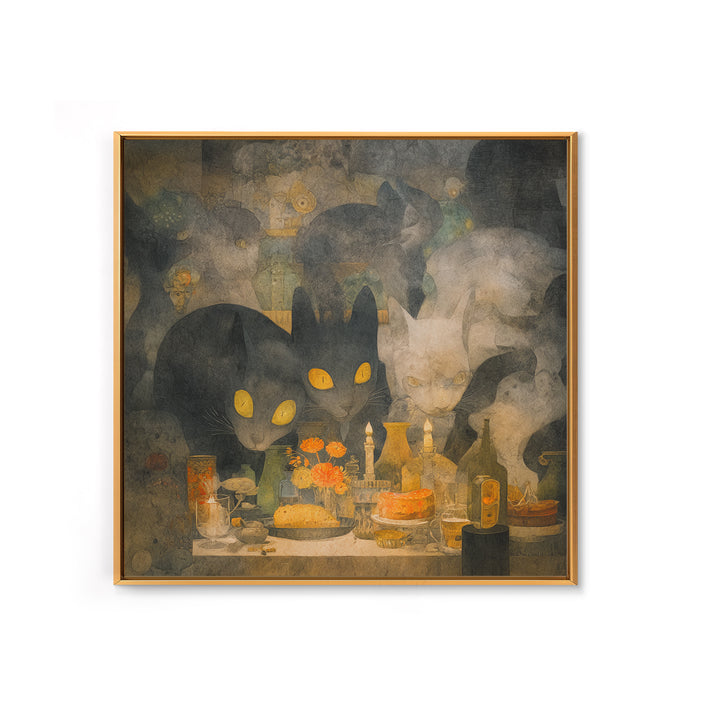 The Witch'S Cat Cafe, Symbolist Dream Art, Square Wall Art, Macabre Wall Art, Framed Canvas Print, Halloween Wall Art, Horror Wall Art