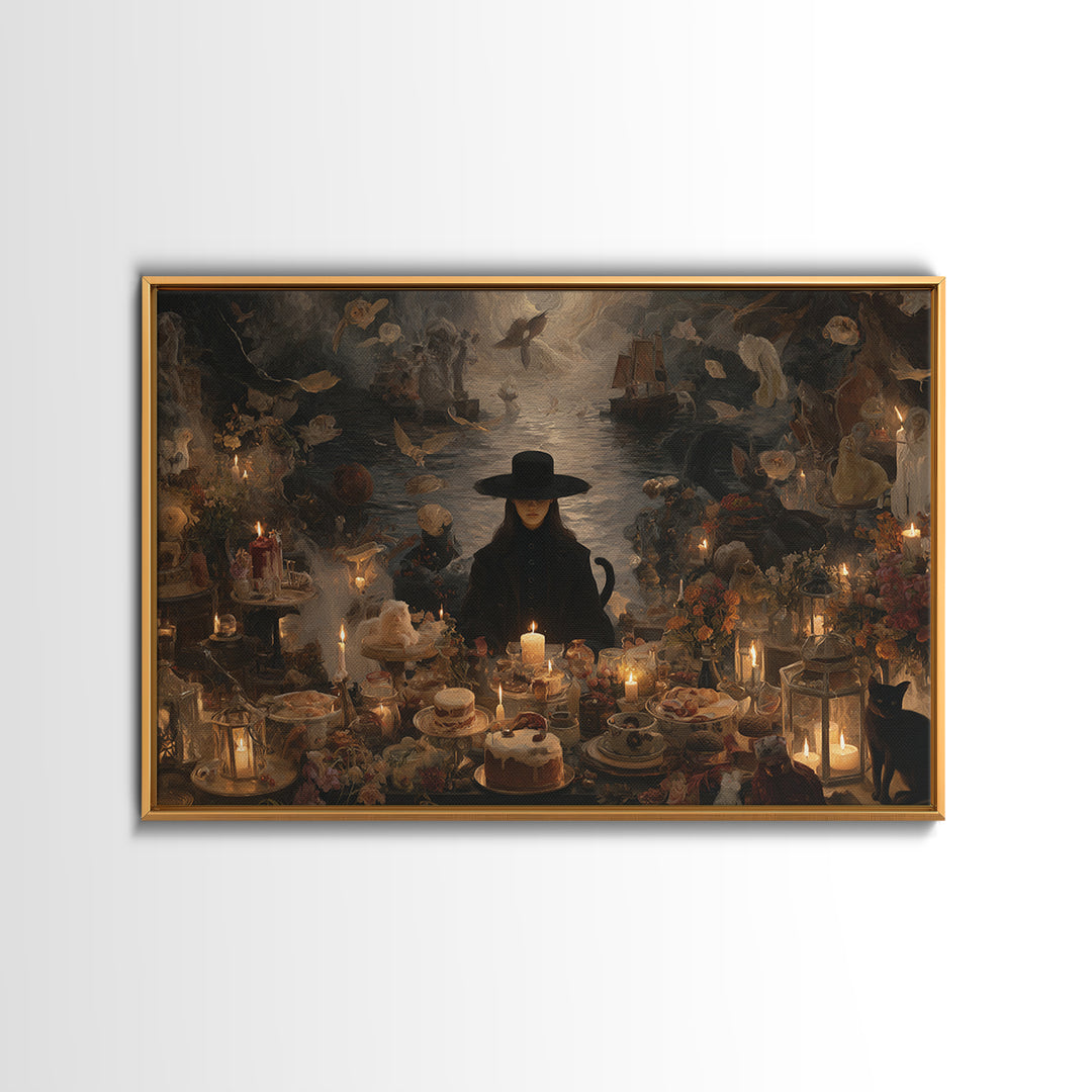 The Witch'S Cat Cafe, Symbolist Gothic Landscape, Landscape Wall Art, Gothic Horror Wall Art, Canvas Print, Halloween Wall Art