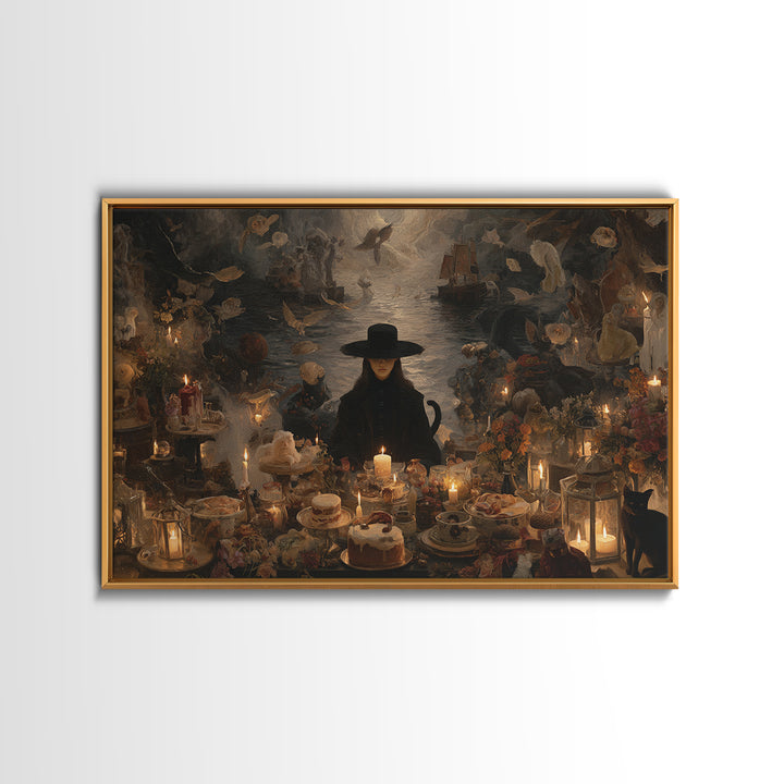 The Witch'S Cat Cafe, Symbolist Gothic Landscape, Landscape Wall Art, Gothic Horror Wall Art, Canvas Print, Halloween Wall Art