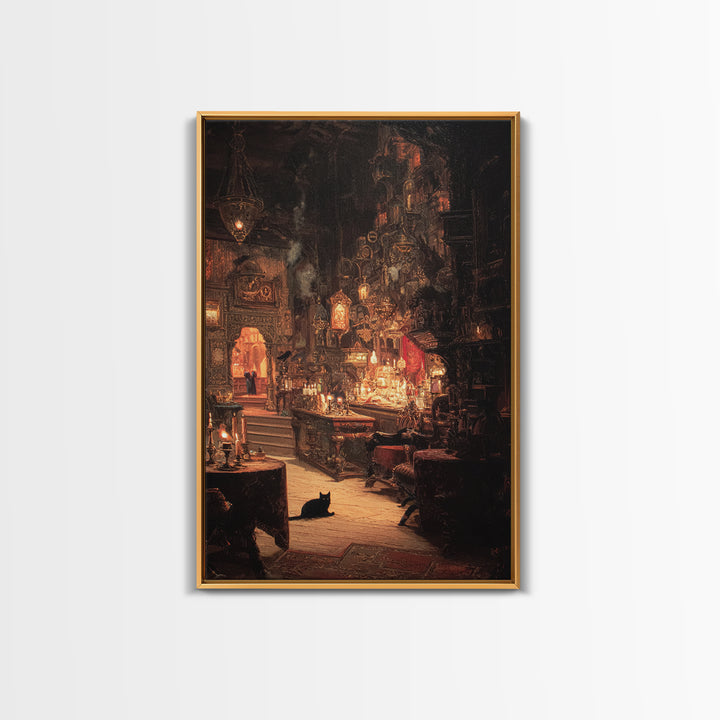 The Witch'S Cat Cafe, Ornate Symbolist Art, Vertical Wall Art, Macabre Wall Art, Framed Canvas Print, Halloween Wall Art