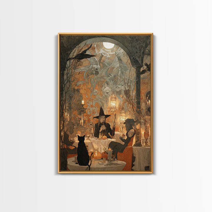 The Witch'S Cat Cafe, Decadent Gothic Art, Vertical Wall Art, Gothic Horror Wall Art, Framed Canvas Print, Halloween Wall Art