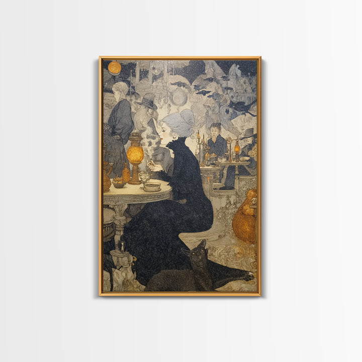The Witch'S Cat Cafe, Symbolist Death Art, Vertical Wall Art, Gothic Horror Wall Art, Canvas Print, Halloween Wall Art
