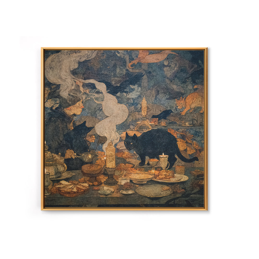 The Witch'S Cat Cafe, Dark Symbolist Art, Square Wall Art, Dark Halloween Decor, Framed Canvas Print, Halloween Wall Art