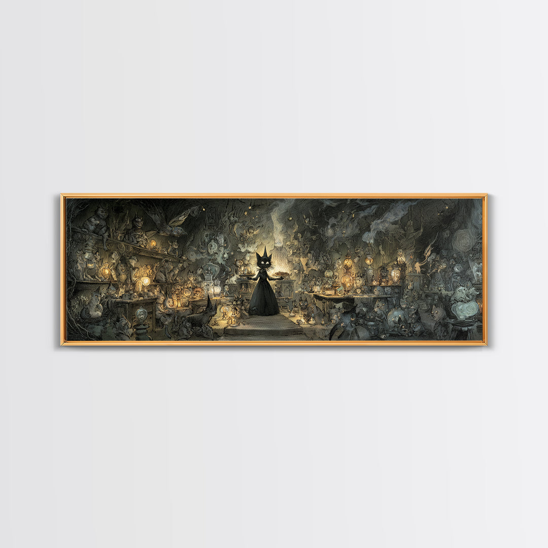 The Witch'S Cat Cafe, Expressionist Nightmare Art, Extra Wide Wall Art, Dark Halloween Decor, Canvas Print, Halloween Wall Art