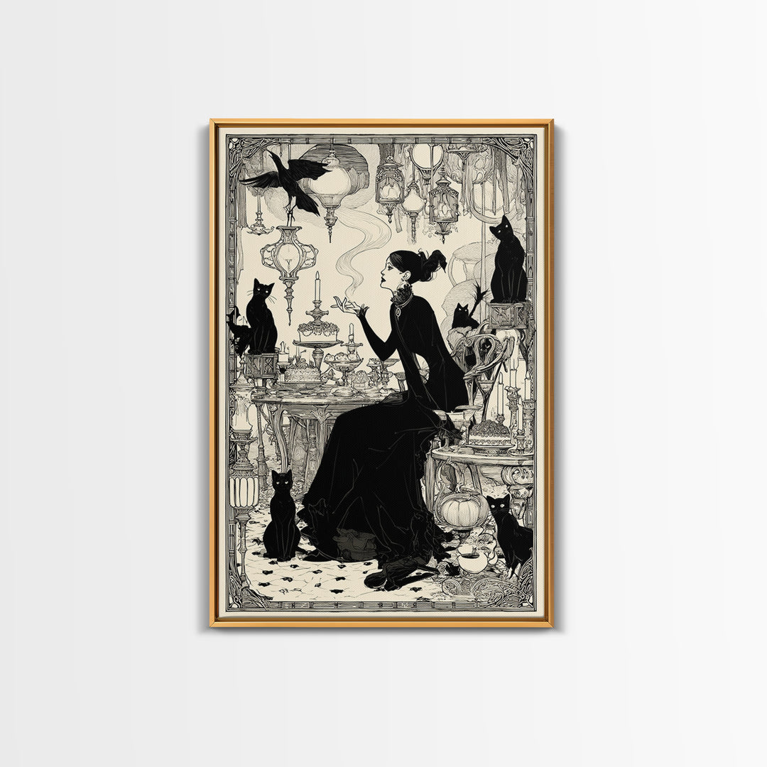 The Witch'S Cat Cafe, Decadent Line Art, Vertical Wall Art, Gothic Horror Wall Art, Framed Canvas Print, Halloween Wall Art