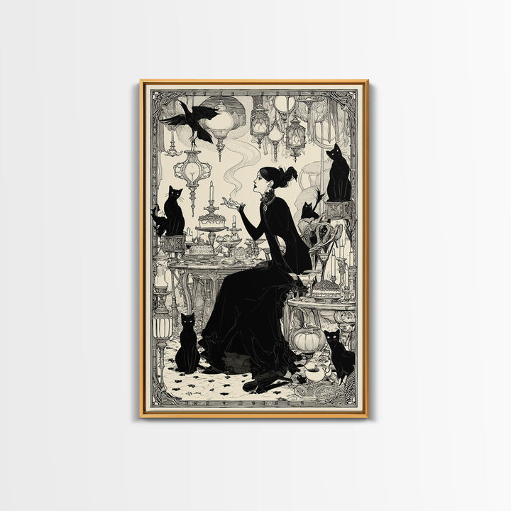 The Witch'S Cat Cafe, Decadent Line Art, Vertical Wall Art, Gothic Horror Wall Art, Framed Canvas Print, Halloween Wall Art