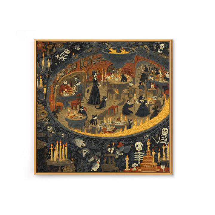 The Witch'S Cat Cafe, Macabre Folk Print Art, Square Wall Art, Macabre Wall Art, Framed Canvas Print, Halloween Wall Art