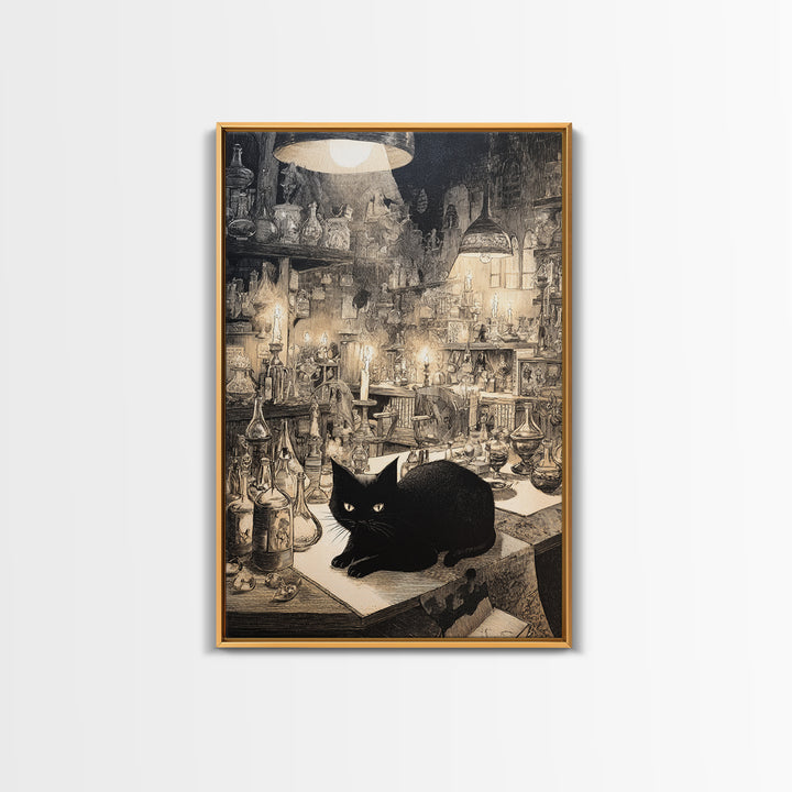 The Witch'S Cat Cafe, Victorian Macabre Art, Vertical Wall Art, Macabre Wall Art, Framed Canvas Print, Halloween Wall Art