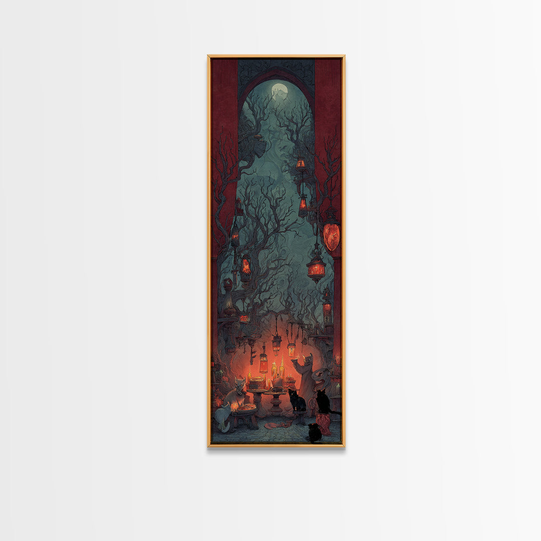 The Witch'S Cat Cafe, Surreal Apocalyptic Art, Tall Narrow Wall Art, Dark Fantasy Wall Art, Framed Canvas Print, Halloween Wall Art
