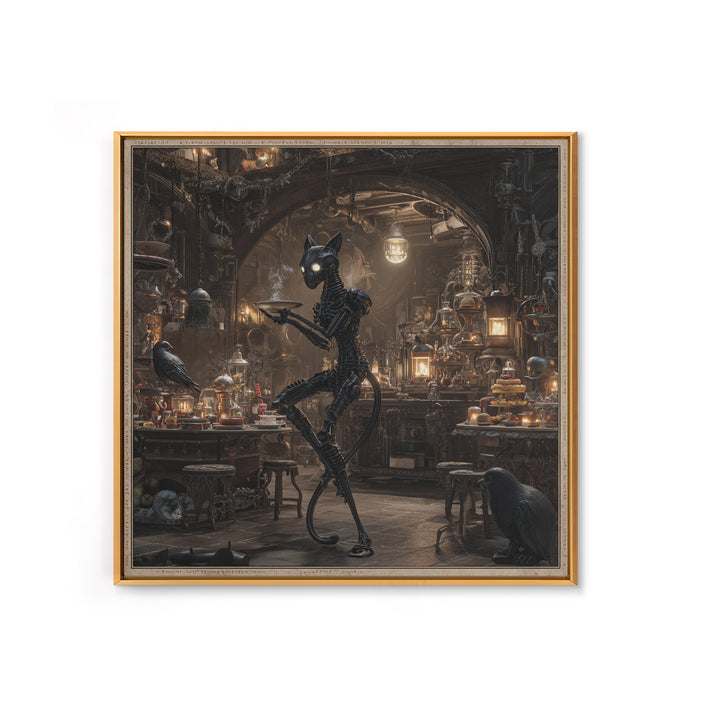 The Witch'S Cat Cafe, Biomechanical Horror Art, Square Wall Art, Dark Halloween Decor, Framed Canvas Print, Halloween Wall Art