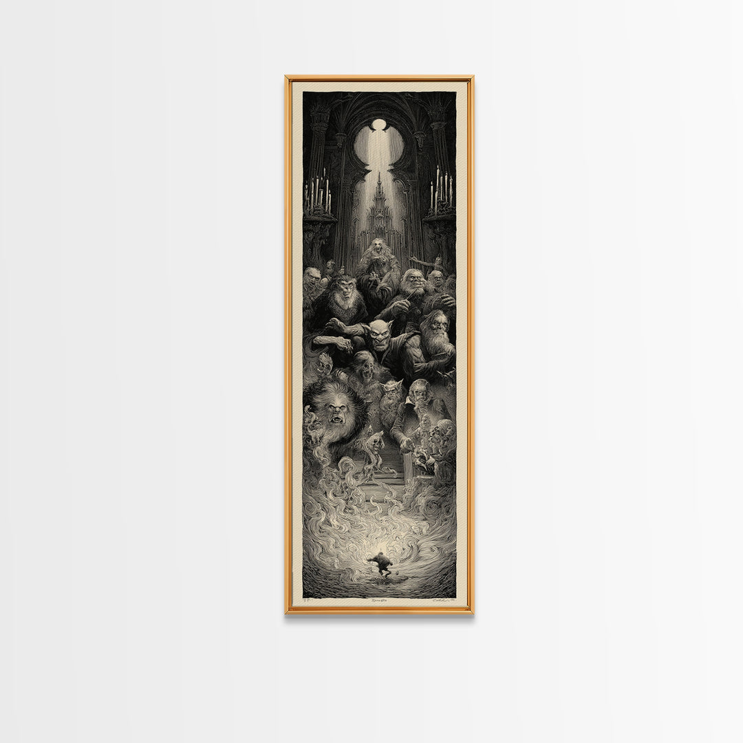 The Monster Family Portrait, Gothic Engraving Art, Tall Narrow Wall Art, Dark Halloween Decor, Canvas Print, Halloween Wall Art