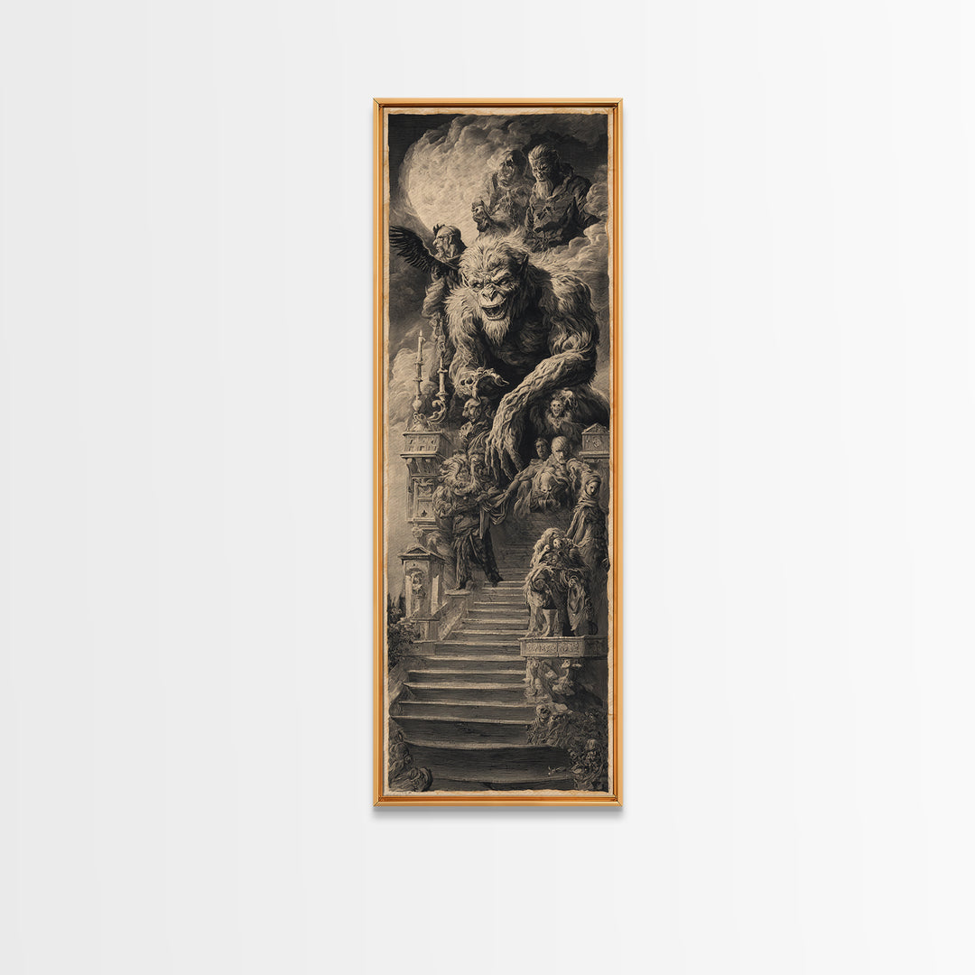 The Monster Family Portrait, Architectural Etching Art, Tall Narrow Wall Art, Dark Halloween Decor, Framed Canvas Print