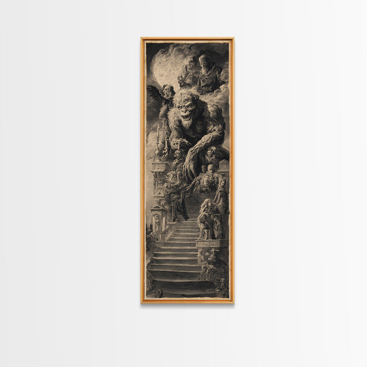 The Monster Family Portrait, Architectural Etching Art, Tall Narrow Wall Art, Dark Halloween Decor, Framed Canvas Print