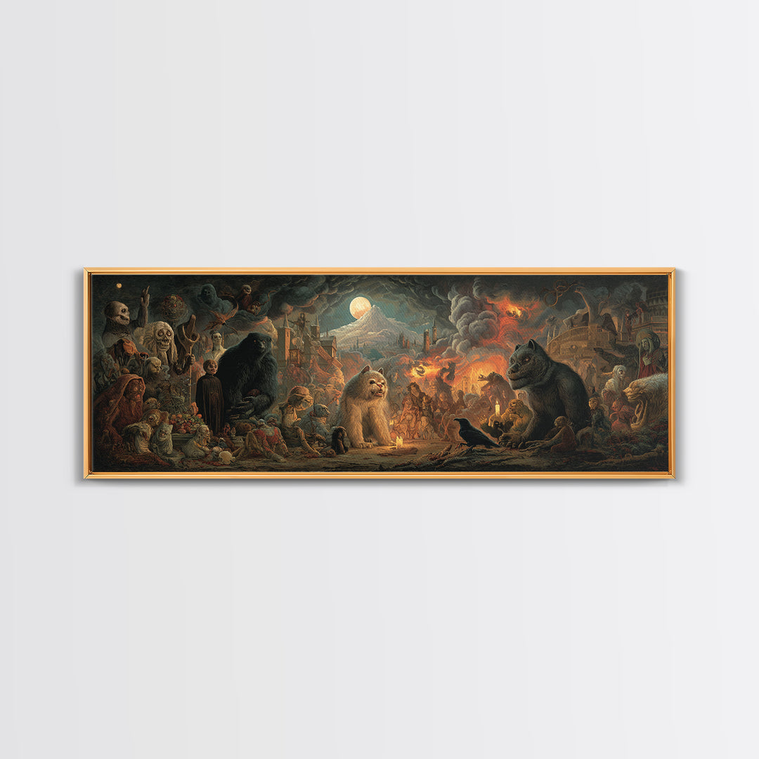 The Monster Family Portrait, Apocalyptic Romantic Art, Extra Wide Wall Art, Dark Halloween Decor, Framed Canvas Print, Halloween Wall Art