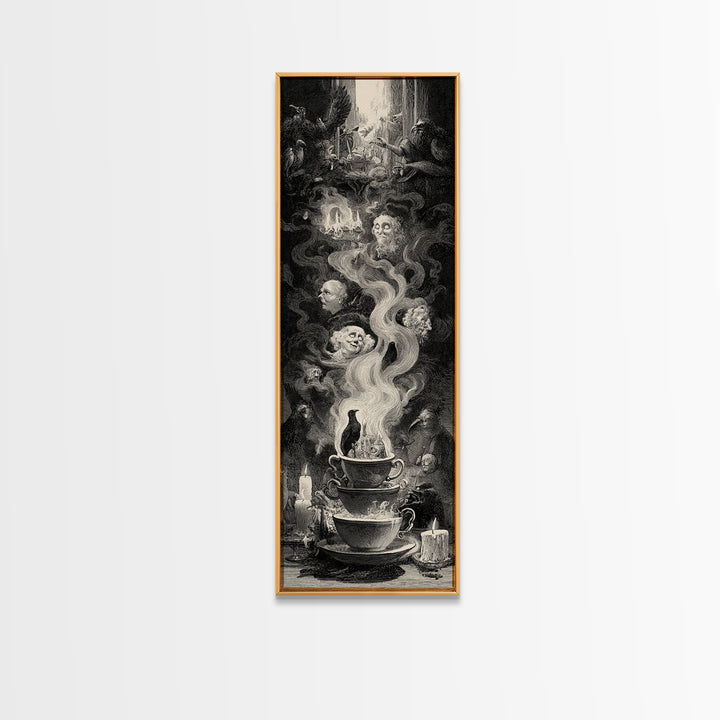 Tiny Ghosts In Teacups, Gothic Engraving Art, Tall Narrow Wall Art, Dark Fantasy Wall Art, Framed Canvas Print, Halloween Wall Art