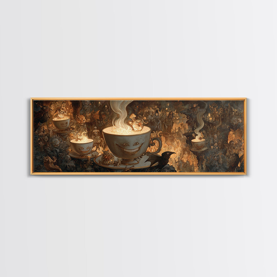 Tiny Ghosts In Teacups, Medieval Grotesque Art, Extra Wide Wall Art, Dark Halloween Decor, Framed Canvas Print, Halloween Wall Art