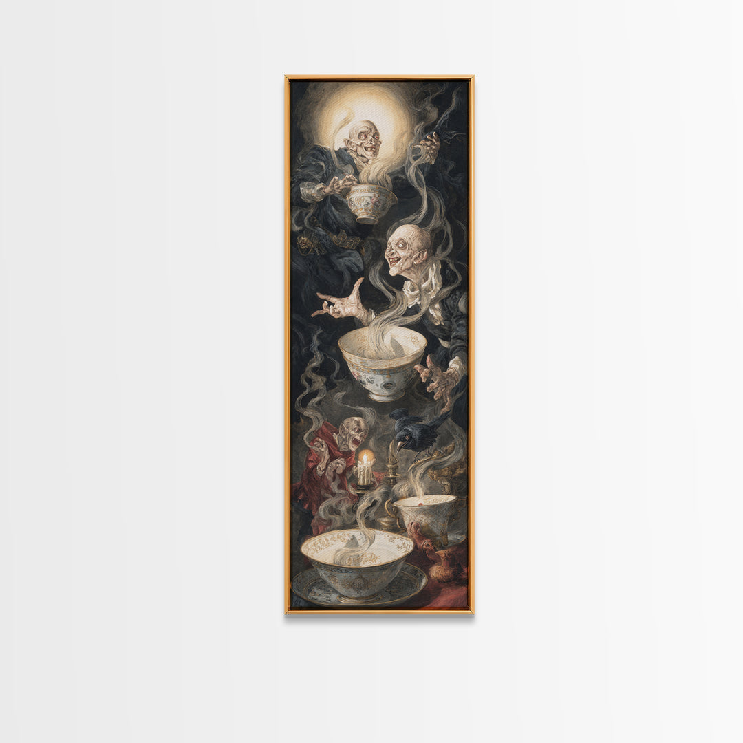 Tiny Ghosts In Teacups, Dark Renaissance Art, Tall Narrow Wall Art, Dark Halloween Decor, Framed Canvas Print, Halloween Wall Art