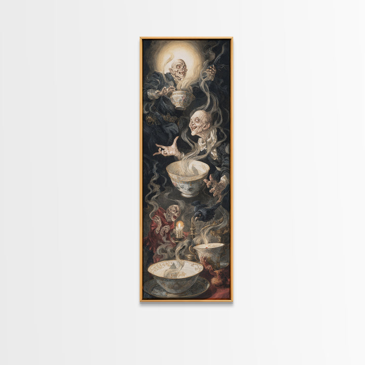 Tiny Ghosts In Teacups, Dark Renaissance Art, Tall Narrow Wall Art, Dark Halloween Decor, Framed Canvas Print, Halloween Wall Art