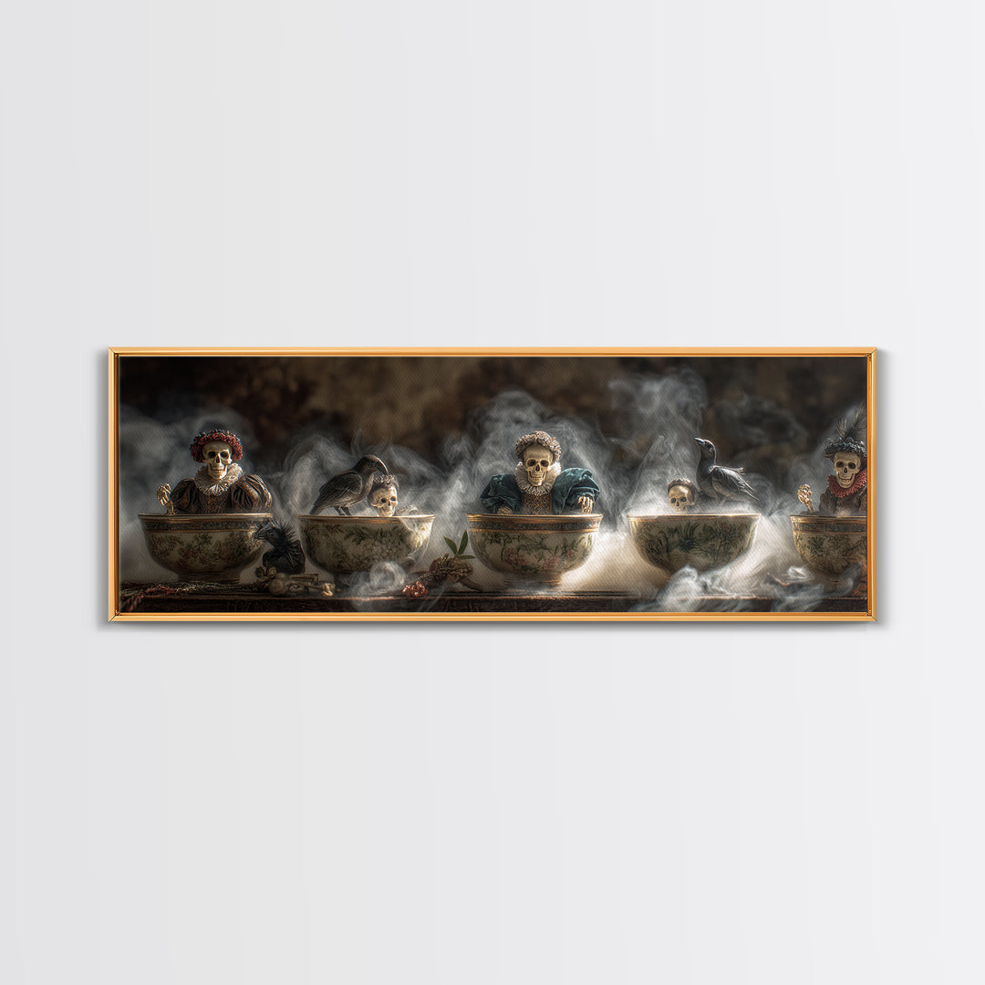 Tiny Ghosts In Teacups, Danse Macabre Art, Extra Wide Wall Art, Dark Fantasy Wall Art, Framed Canvas Print