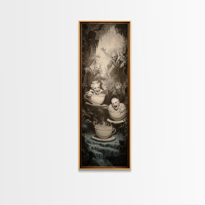Tiny Ghosts In Teacups, Gothic Nightmare Art, Tall Narrow Wall Art, Macabre Wall Art, Framed Canvas Print, Halloween Wall Art