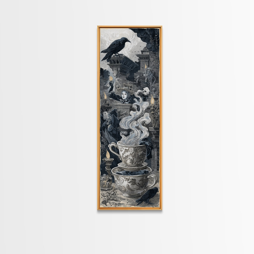 Tiny Ghosts In Teacups, Architectural Etching Art, Tall Narrow Wall Art, Dark Fantasy Wall Art, Framed Canvas Print