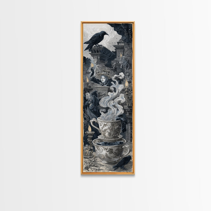 Tiny Ghosts In Teacups, Architectural Etching Art, Tall Narrow Wall Art, Dark Fantasy Wall Art, Framed Canvas Print