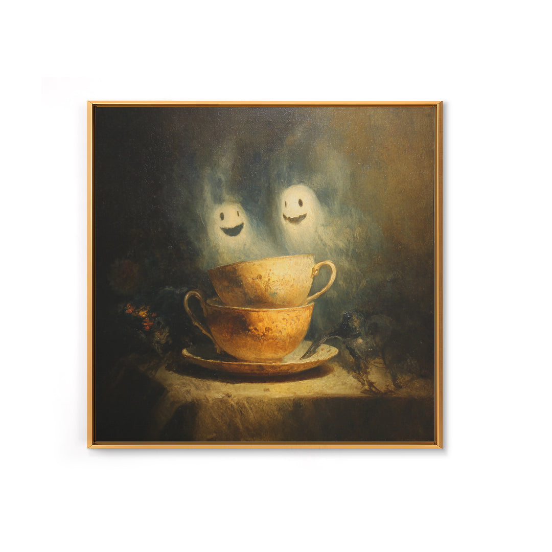 Tiny Ghosts In Teacups, Symbolist Dream Art, Square Wall Art, Dark Halloween Decor, Canvas Print, Halloween Wall Art