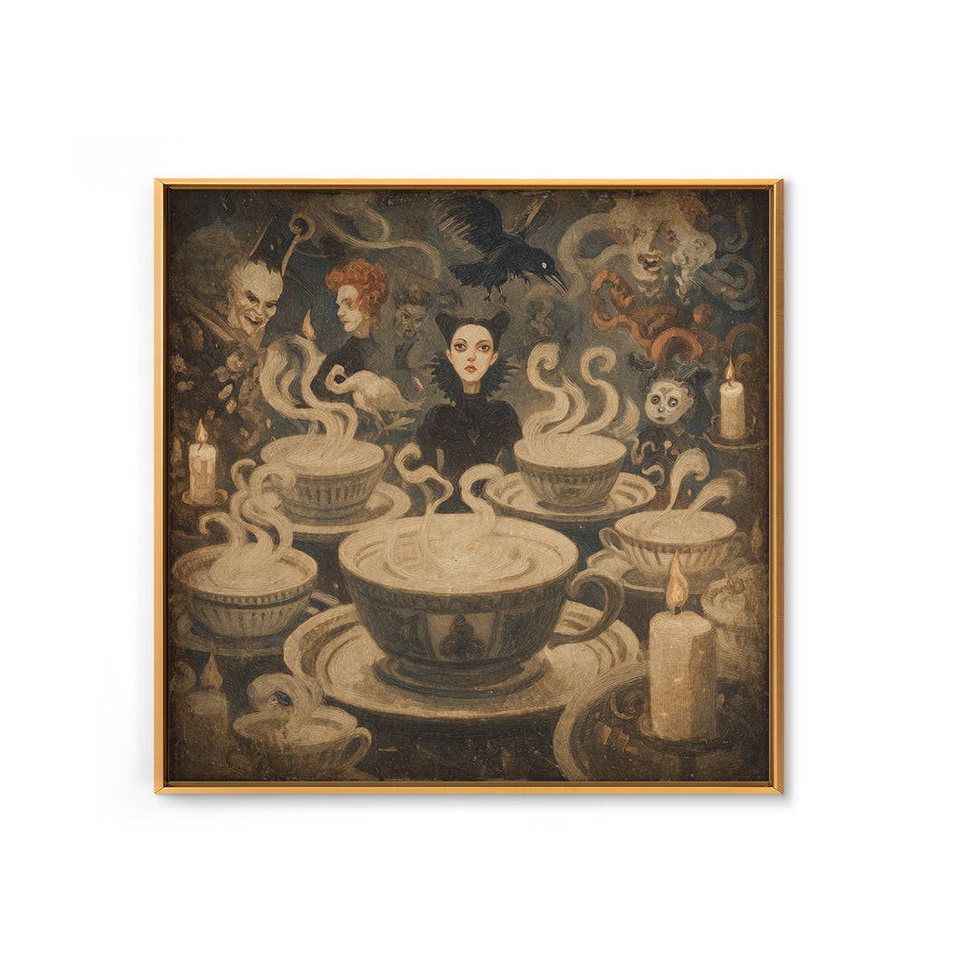 Tiny Ghosts In Teacups, Dark Symbolist Art, Square Wall Art, Gothic Horror Wall Art, Framed Canvas Print, Halloween Wall Art